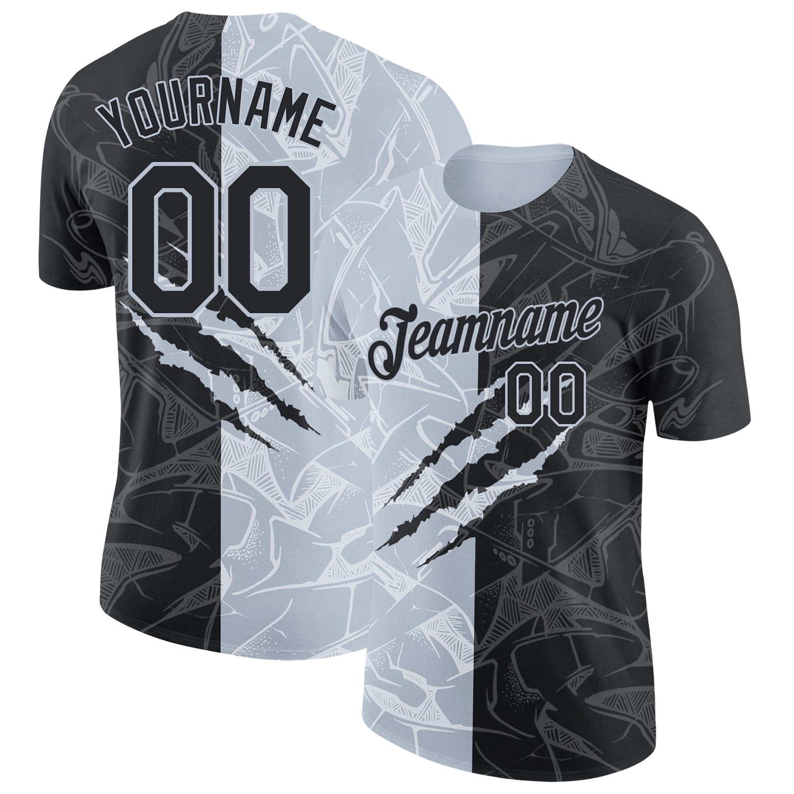 Custom Graffiti Pattern Black-Silver Scratch 3D Performance T-Shirt - Main View