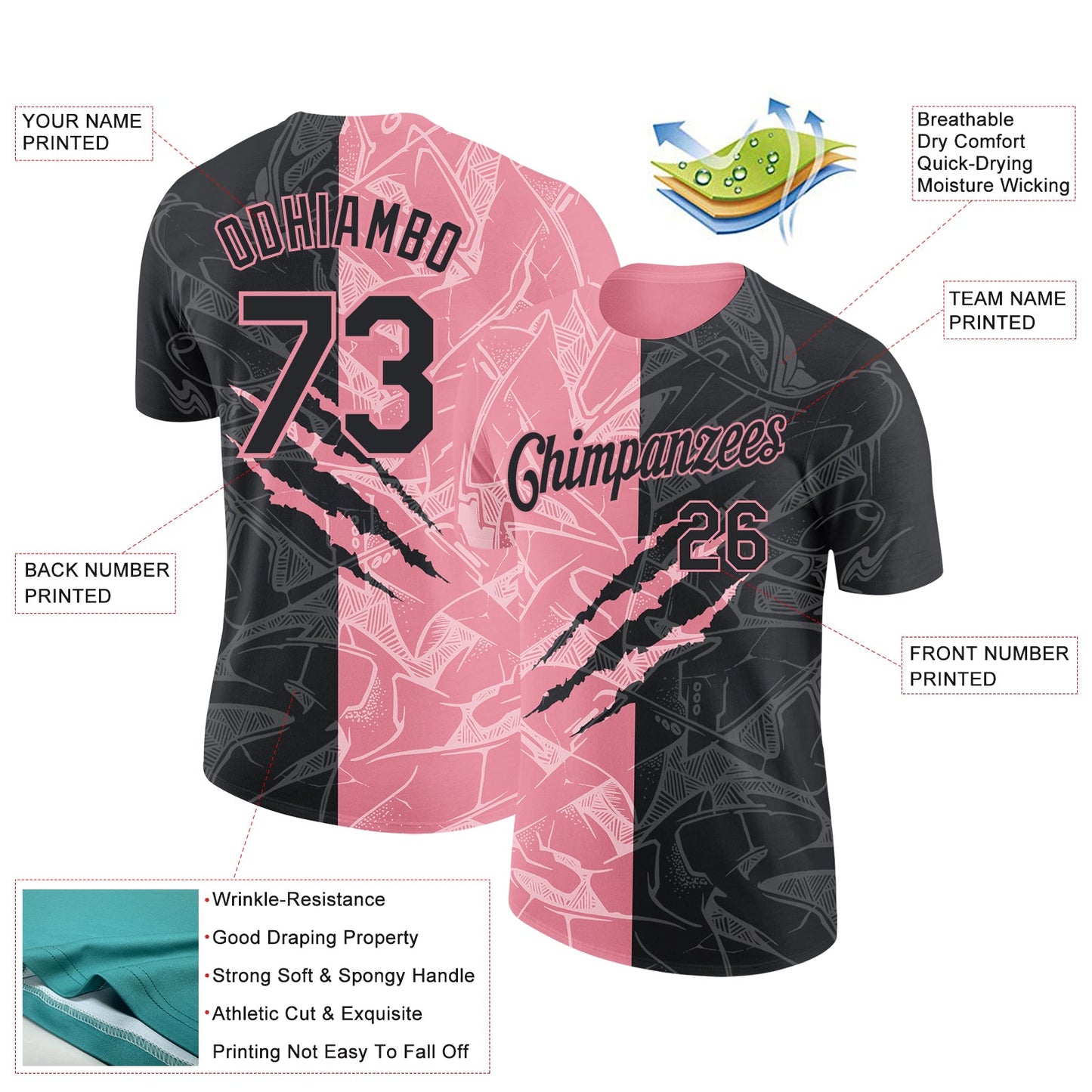 Custom Graffiti Pattern Black-Medium Pink Scratch 3D Performance T-Shirt view 2