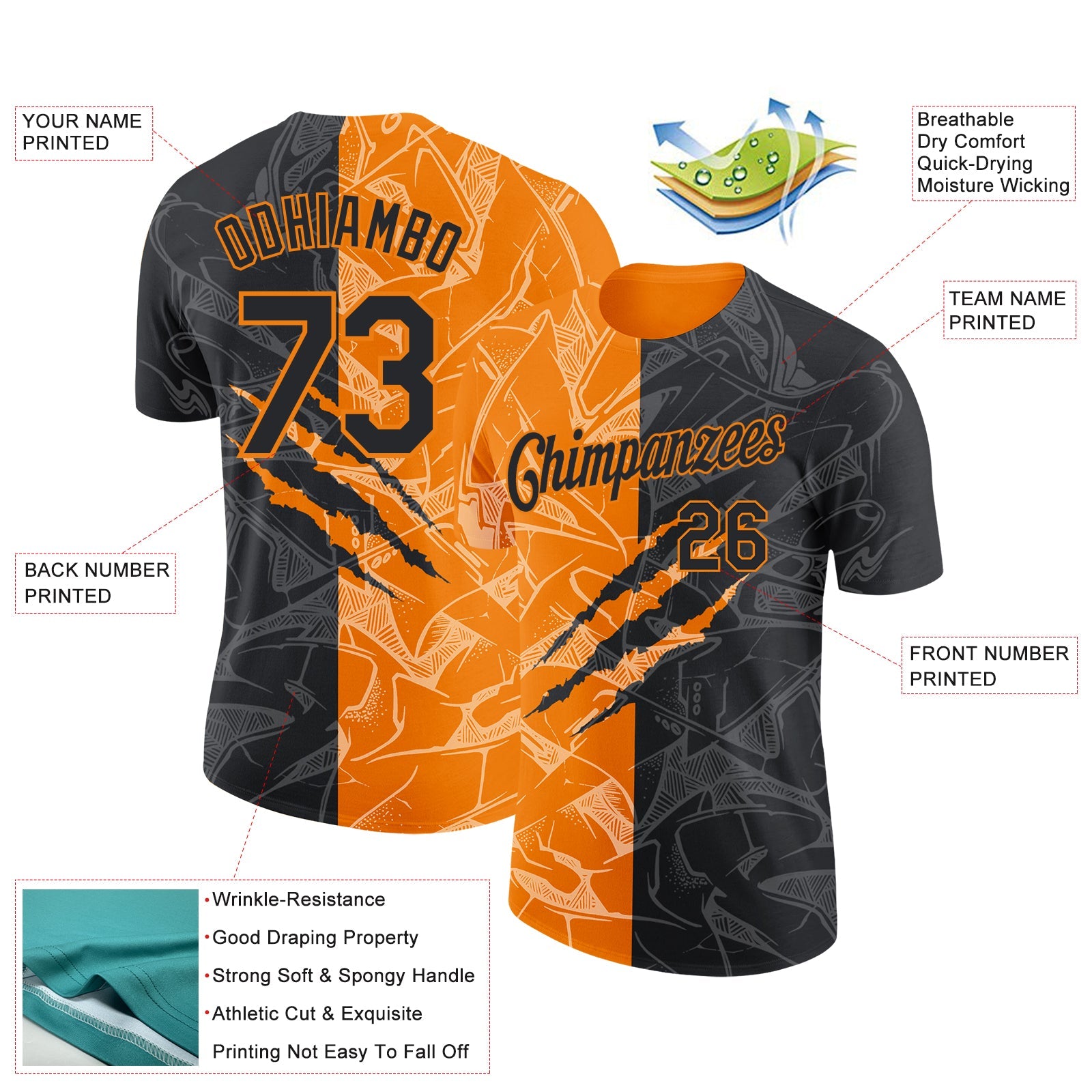 Custom Graffiti Pattern Black-Bay Orange Scratch 3D Performance T-Shirt view 2