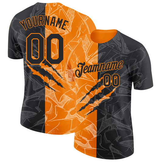 Custom Graffiti Pattern Black-Bay Orange Scratch 3D Performance T-Shirt - Main View