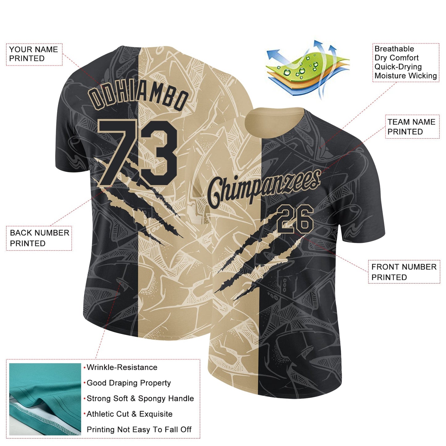 Custom Graffiti Pattern Black-Vegas Gold Scratch 3D Performance T-Shirt view 2