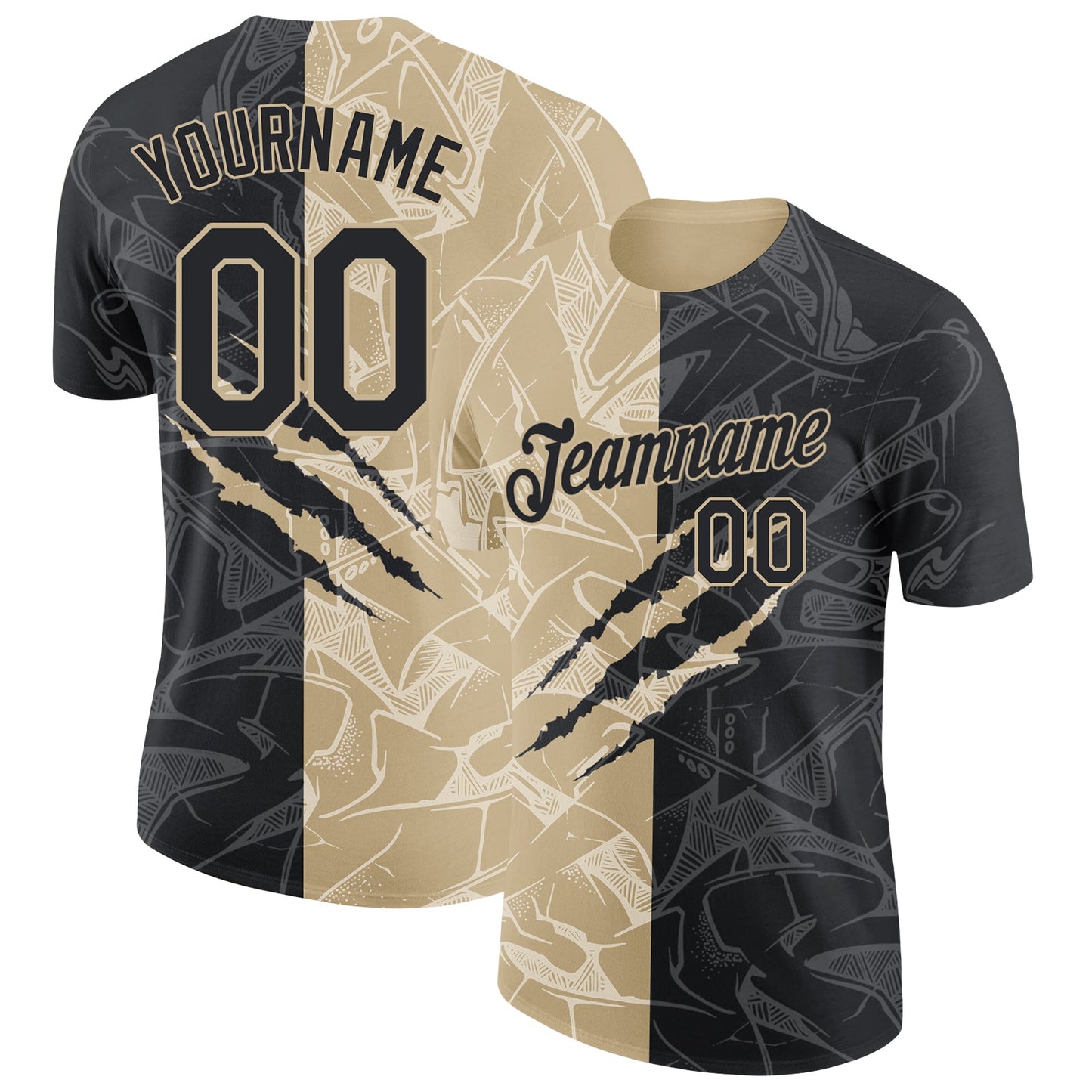 Custom Graffiti Pattern Black-Vegas Gold Scratch 3D Performance T-Shirt - Main View