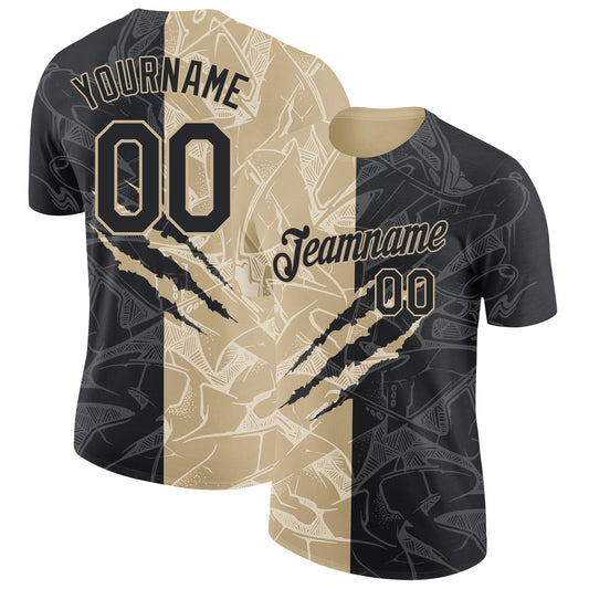 Custom Graffiti Pattern Black-Vegas Gold Scratch 3D Performance T-Shirt - Main View