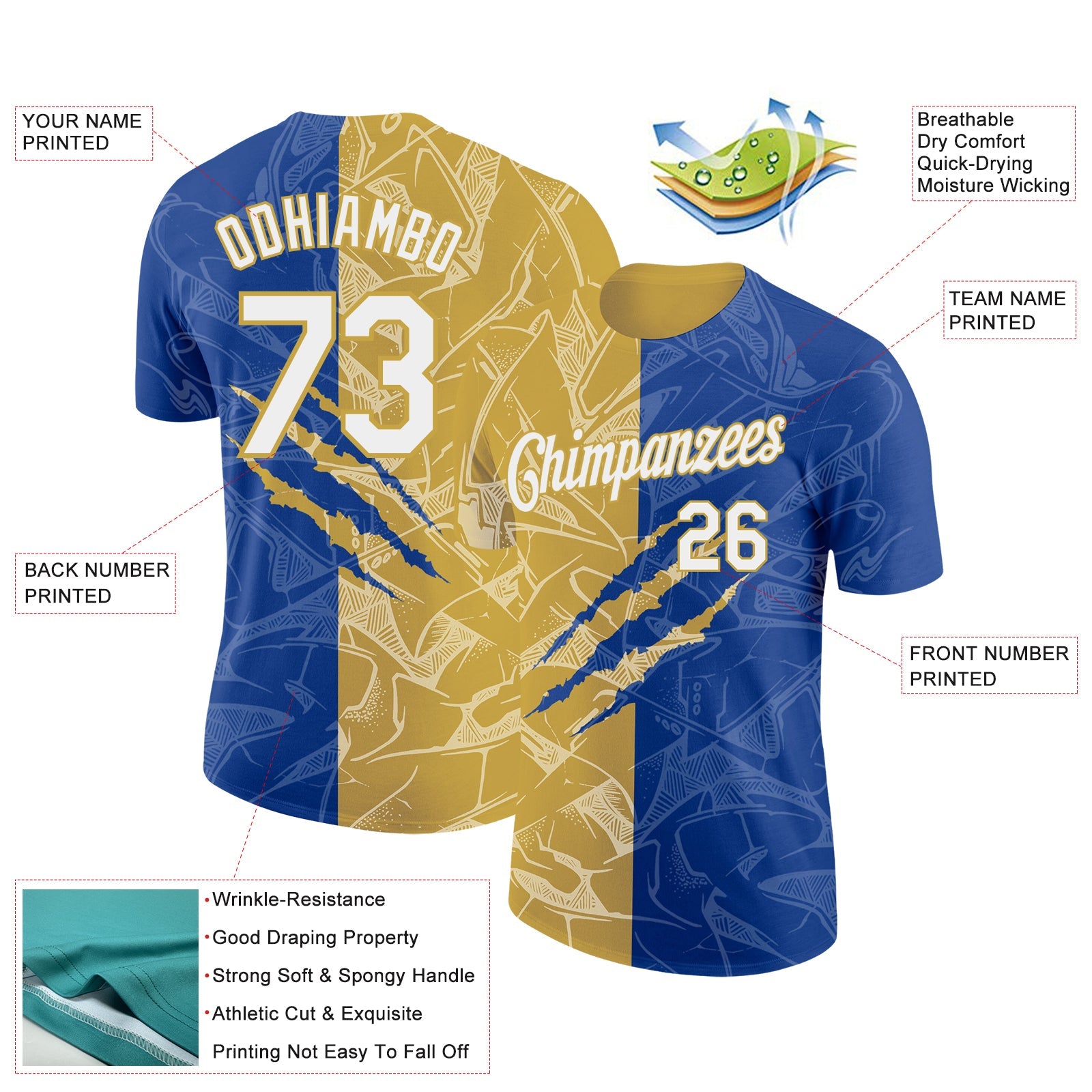 Custom Graffiti Pattern White Royal-Old Gold Scratch 3D Performance T-Shirt view 2
