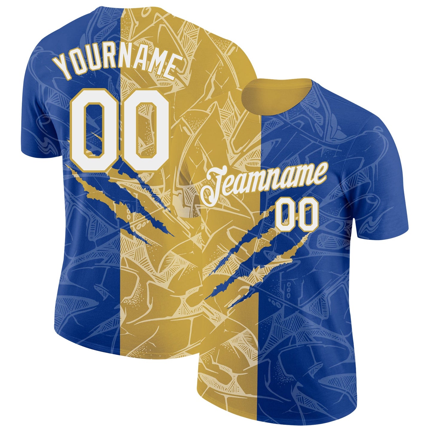 Custom Graffiti Pattern White Royal-Old Gold Scratch 3D Performance T-Shirt - Main View