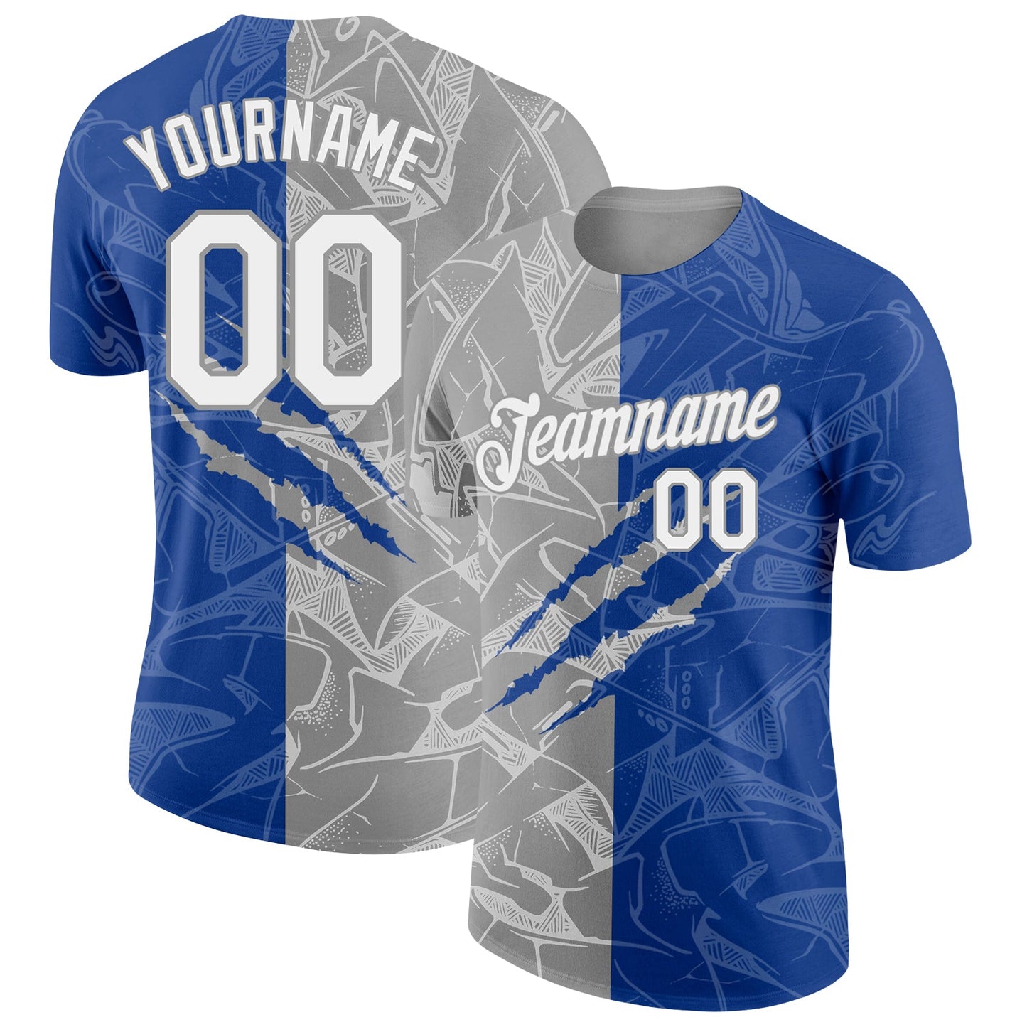 Custom Graffiti Pattern White Royal-Gray Scratch 3D Performance T-Shirt - Main View