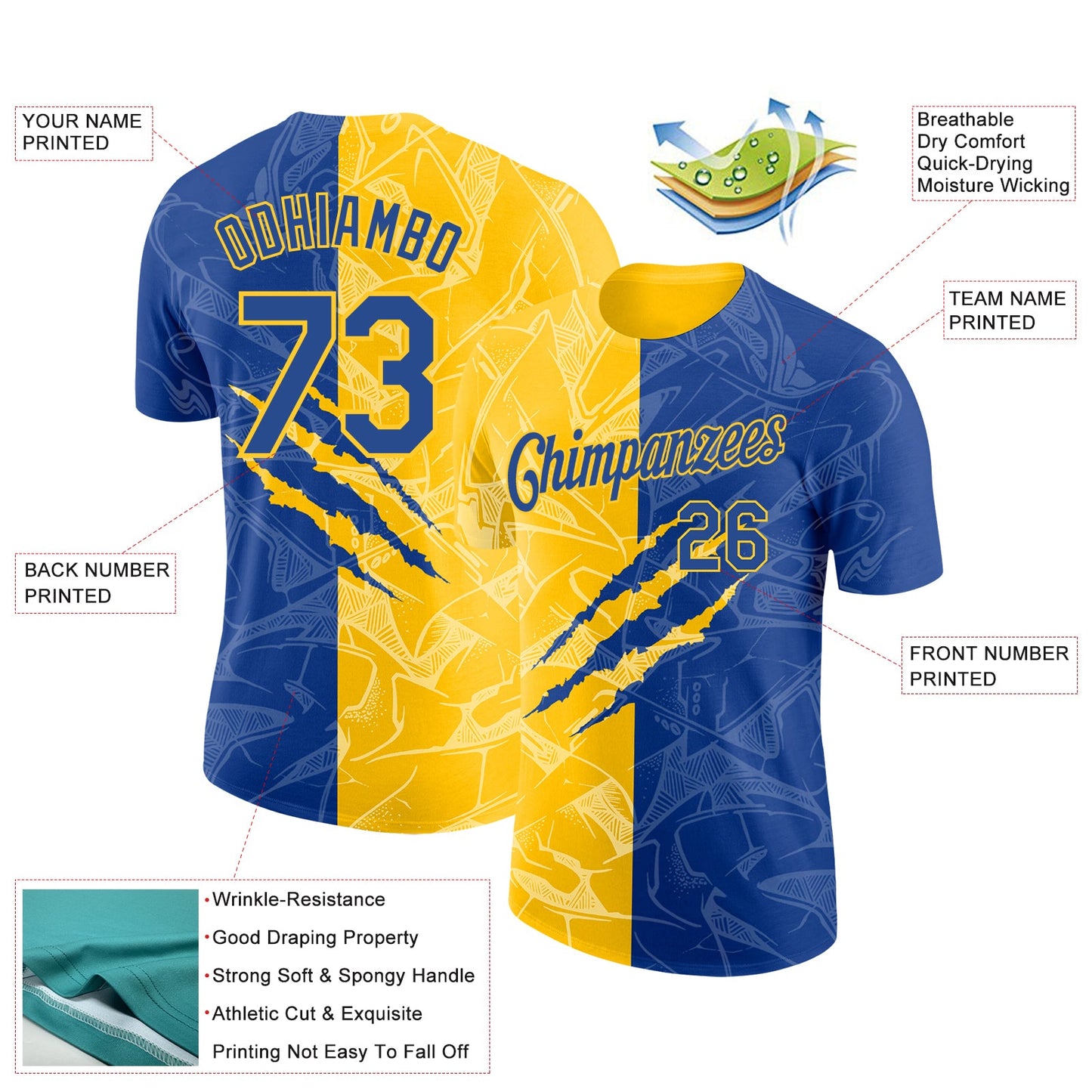Custom Graffiti Pattern Royal-Yellow Scratch 3D Performance T-Shirt view 2