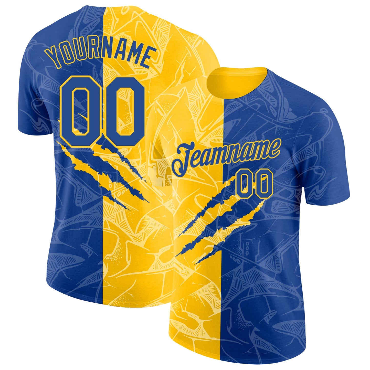 Custom Graffiti Pattern Royal-Yellow Scratch 3D Performance T-Shirt - Main View