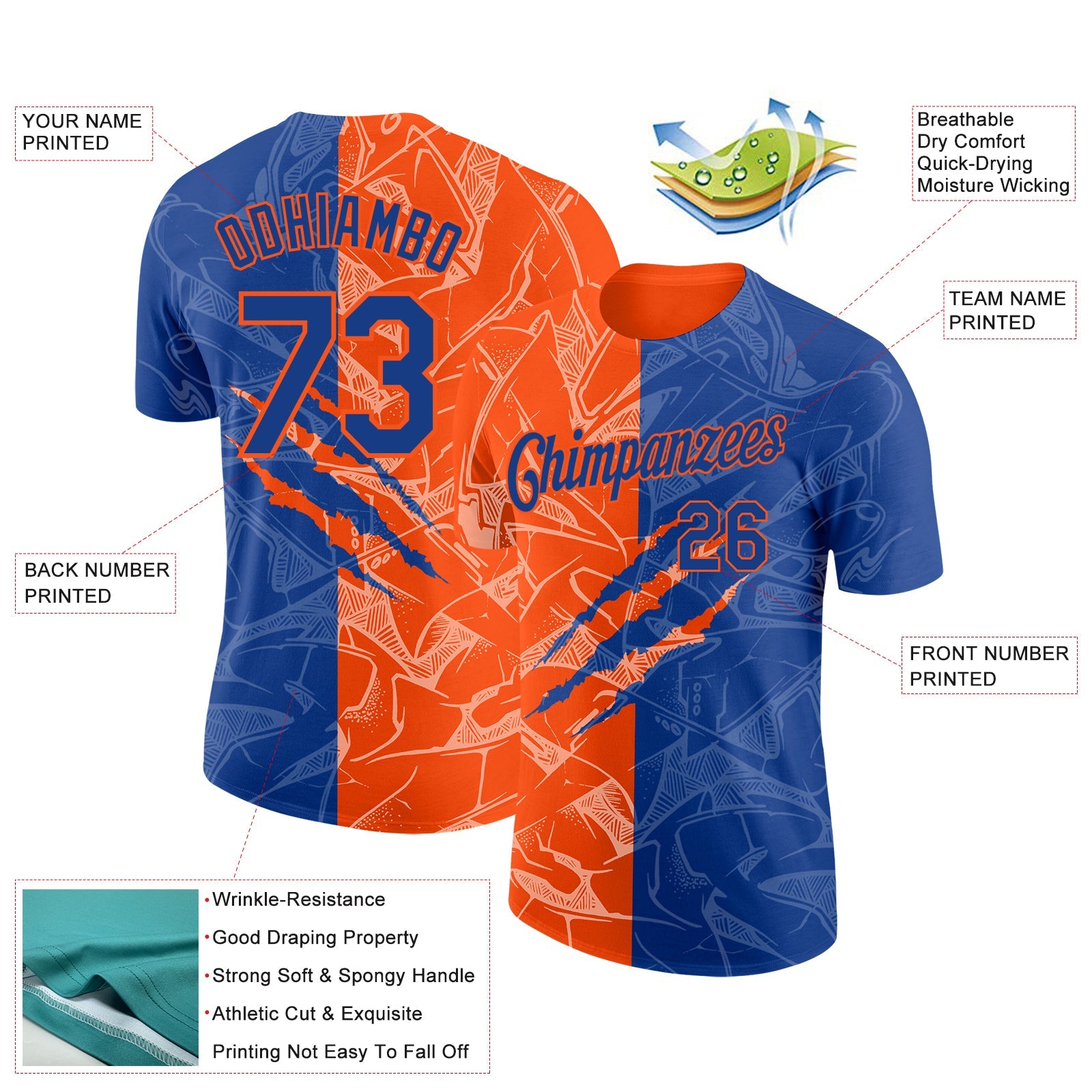 Custom Graffiti Pattern Royal-Orange Scratch 3D Performance T-Shirt view 2