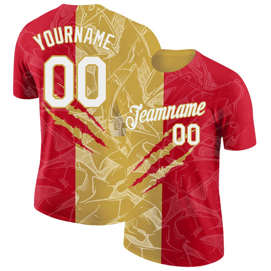 Custom Graffiti Pattern White Red-Old Gold Scratch 3D Performance T-Shirt - Main View