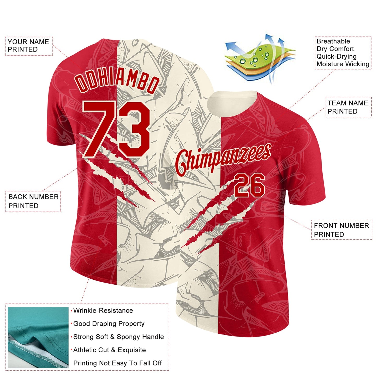 Custom Graffiti Pattern Red-Cream Scratch 3D Performance T-Shirt view 2