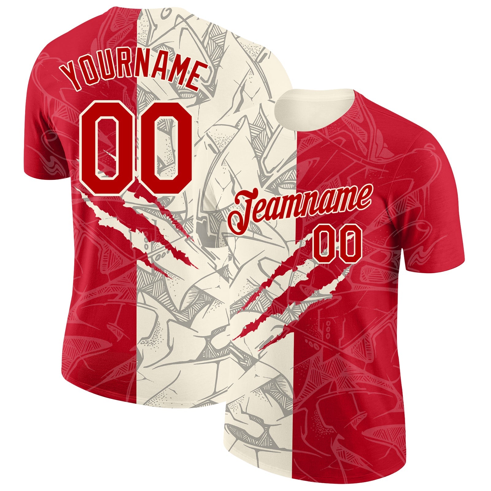 Custom Graffiti Pattern Red-Cream Scratch 3D Performance T-Shirt - Main View