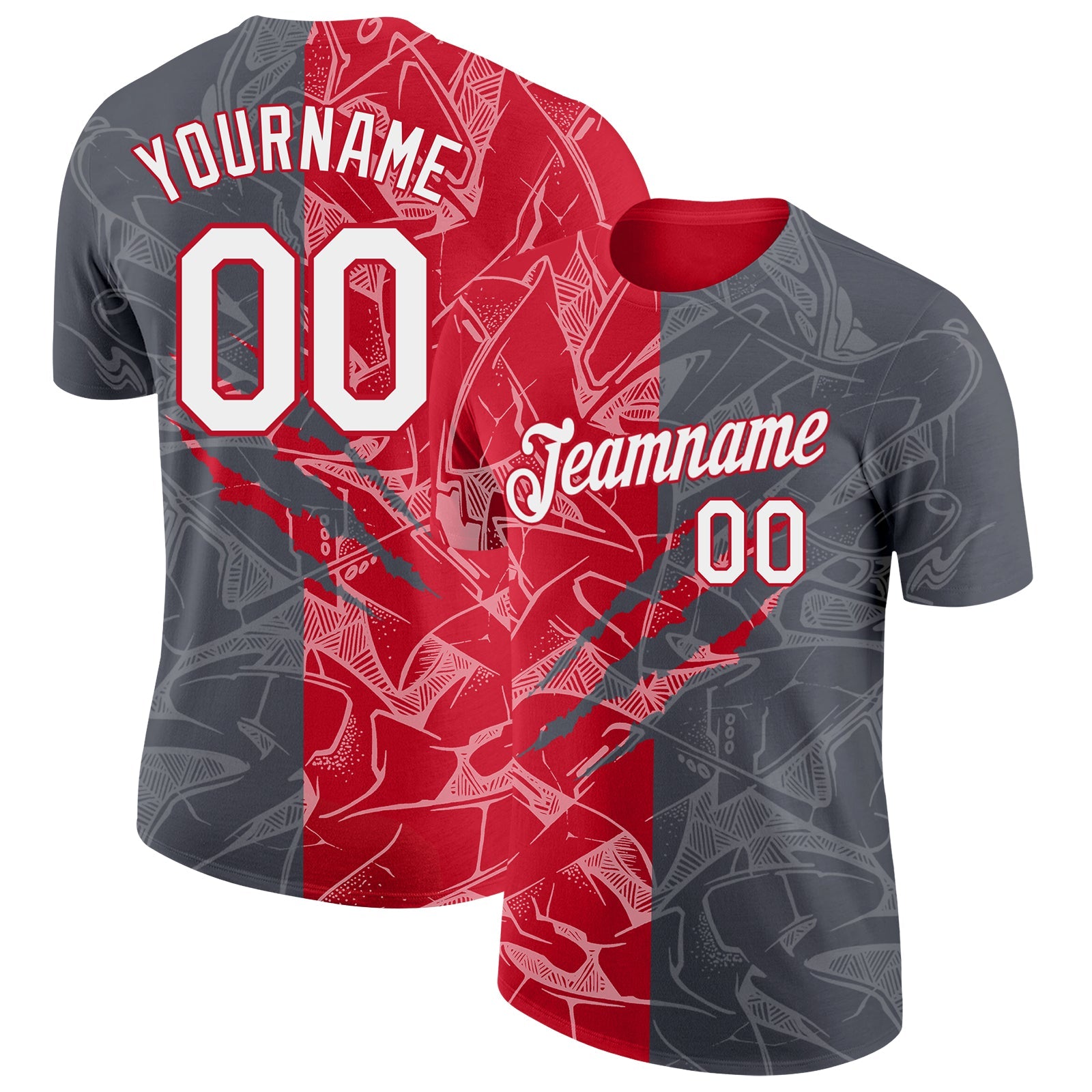 Custom Graffiti Pattern White Steel Gray-Red Scratch 3D Performance T-Shirt - Main View