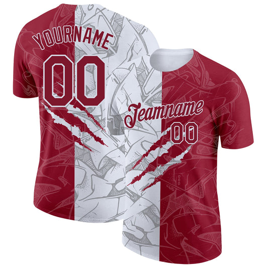 Custom Graffiti Pattern Crimson-White Scratch 3D Performance T-Shirt - Main View