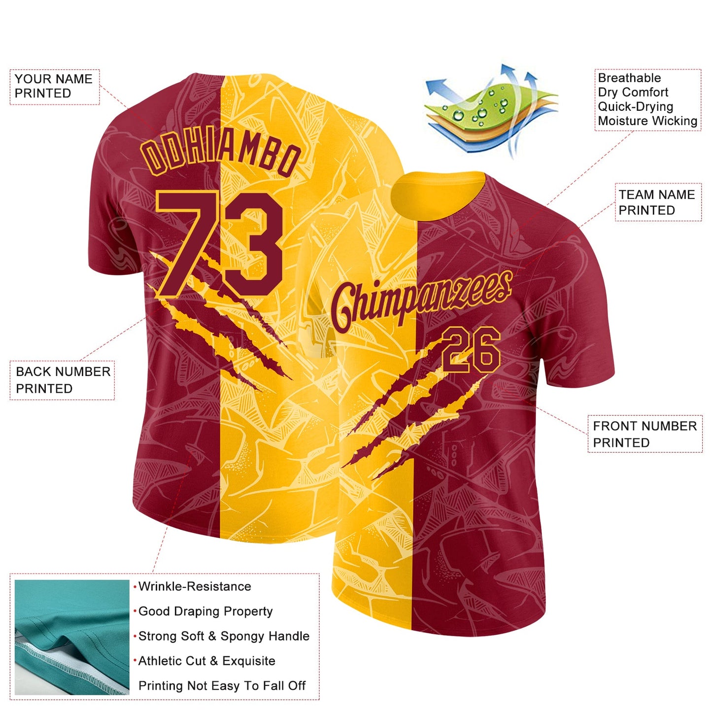 Custom Graffiti Pattern Crimson-Gold Scratch 3D Performance T-Shirt view 2