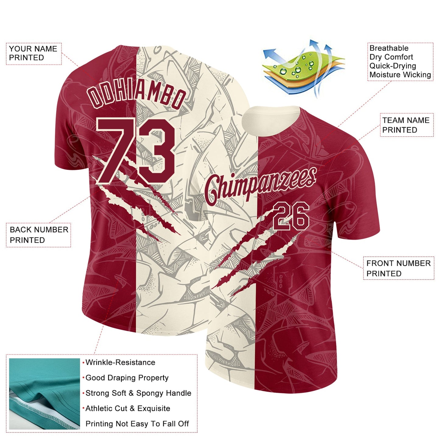 Custom Graffiti Pattern Crimson-Cream Scratch 3D Performance T-Shirt view 2