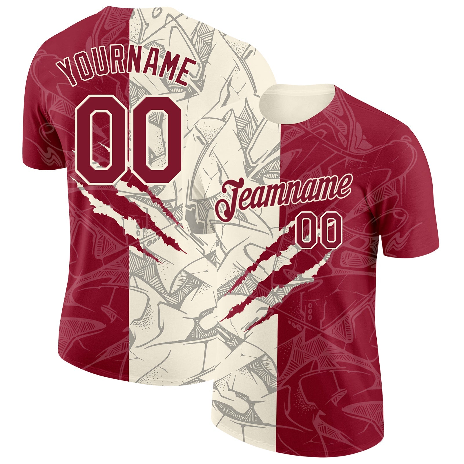 Custom Graffiti Pattern Crimson-Cream Scratch 3D Performance T-Shirt - Main View