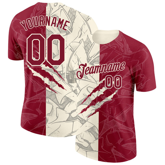 Custom Graffiti Pattern Crimson-Cream Scratch 3D Performance T-Shirt - Main View