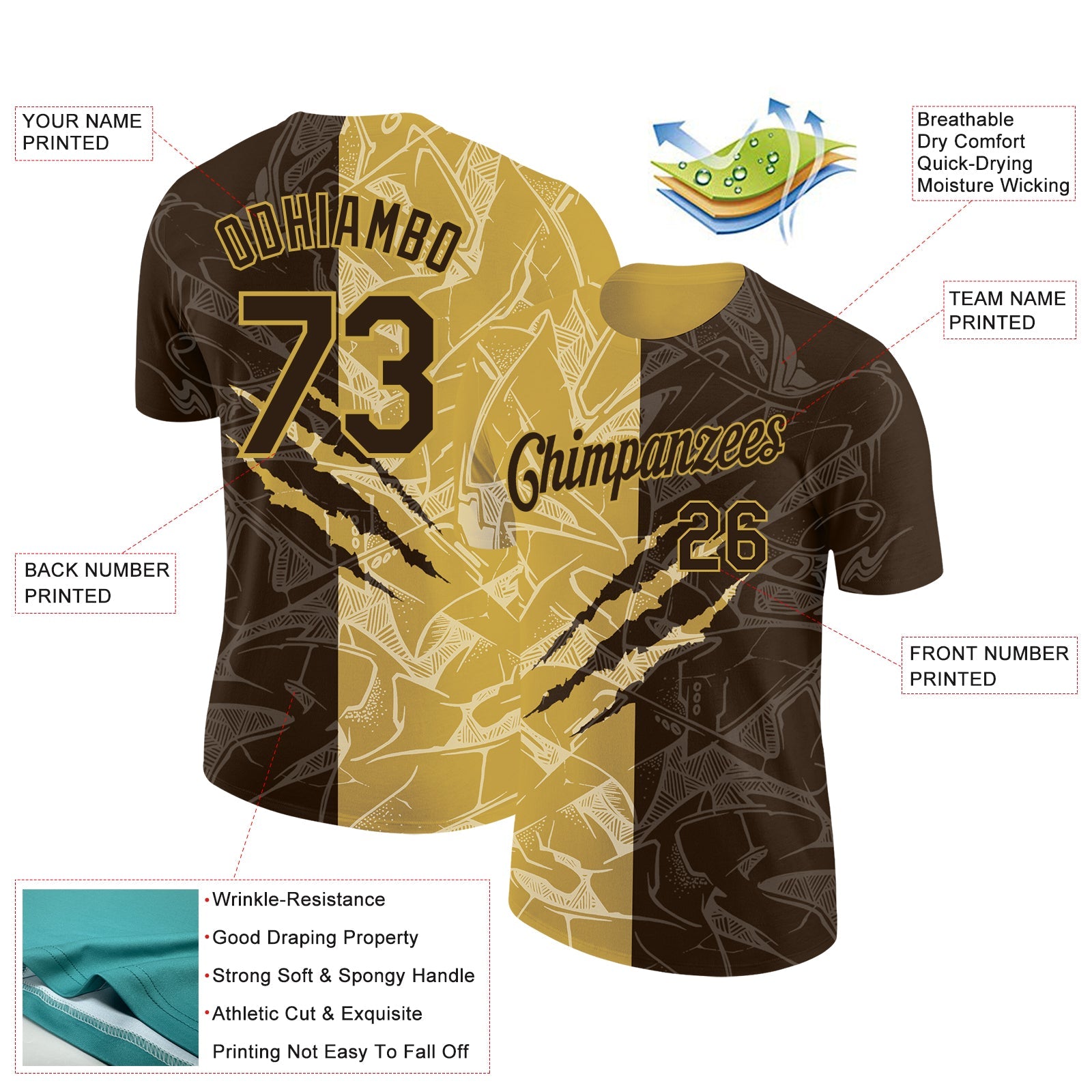 Custom Graffiti Pattern Brown-Old Gold Scratch 3D Performance T-Shirt view 2
