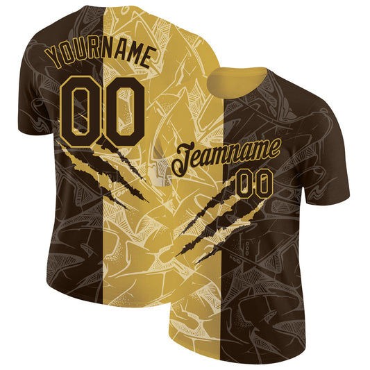 Custom Graffiti Pattern Brown-Old Gold Scratch 3D Performance T-Shirt - Main View
