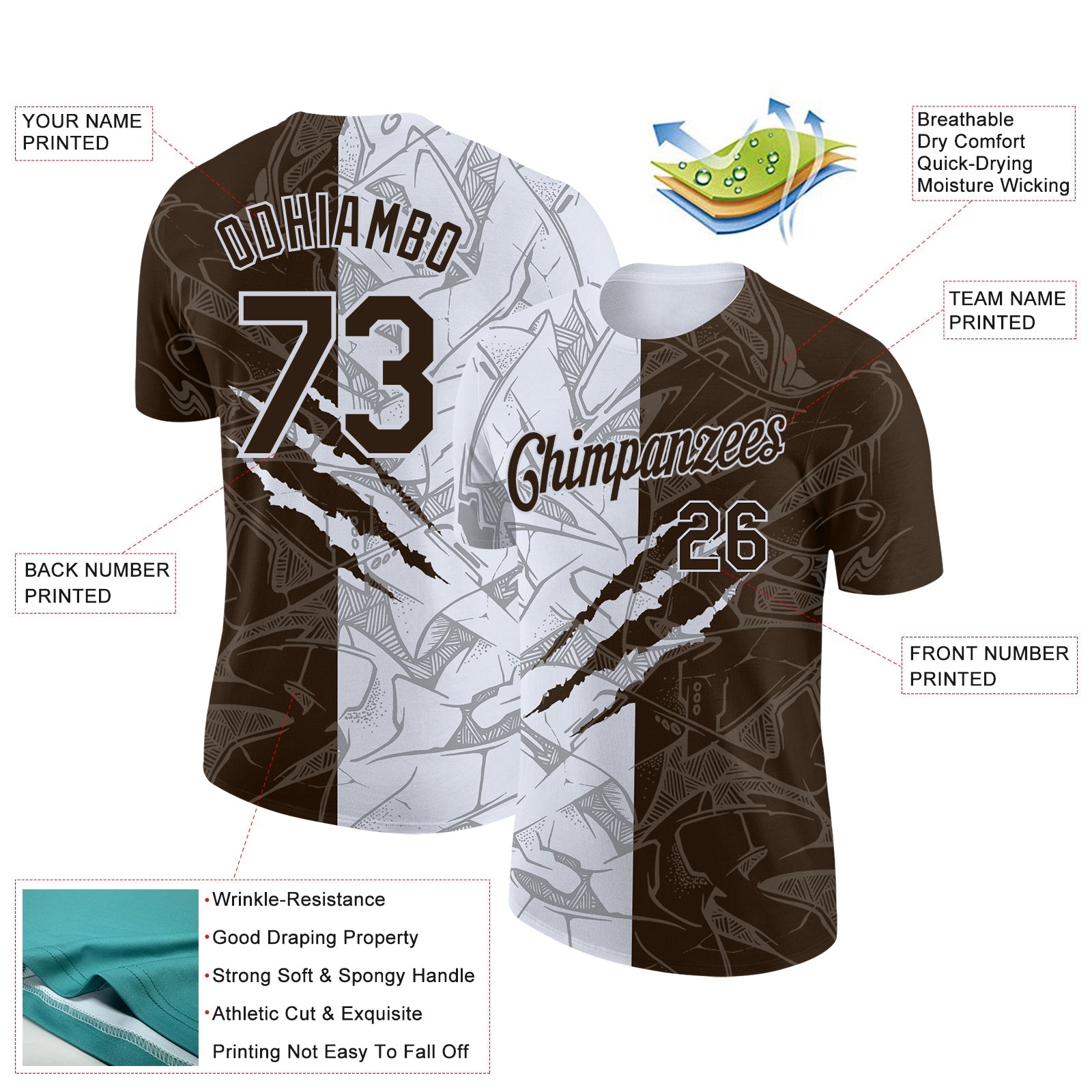 Custom Graffiti Pattern Brown-White Scratch 3D Performance T-Shirt view 2