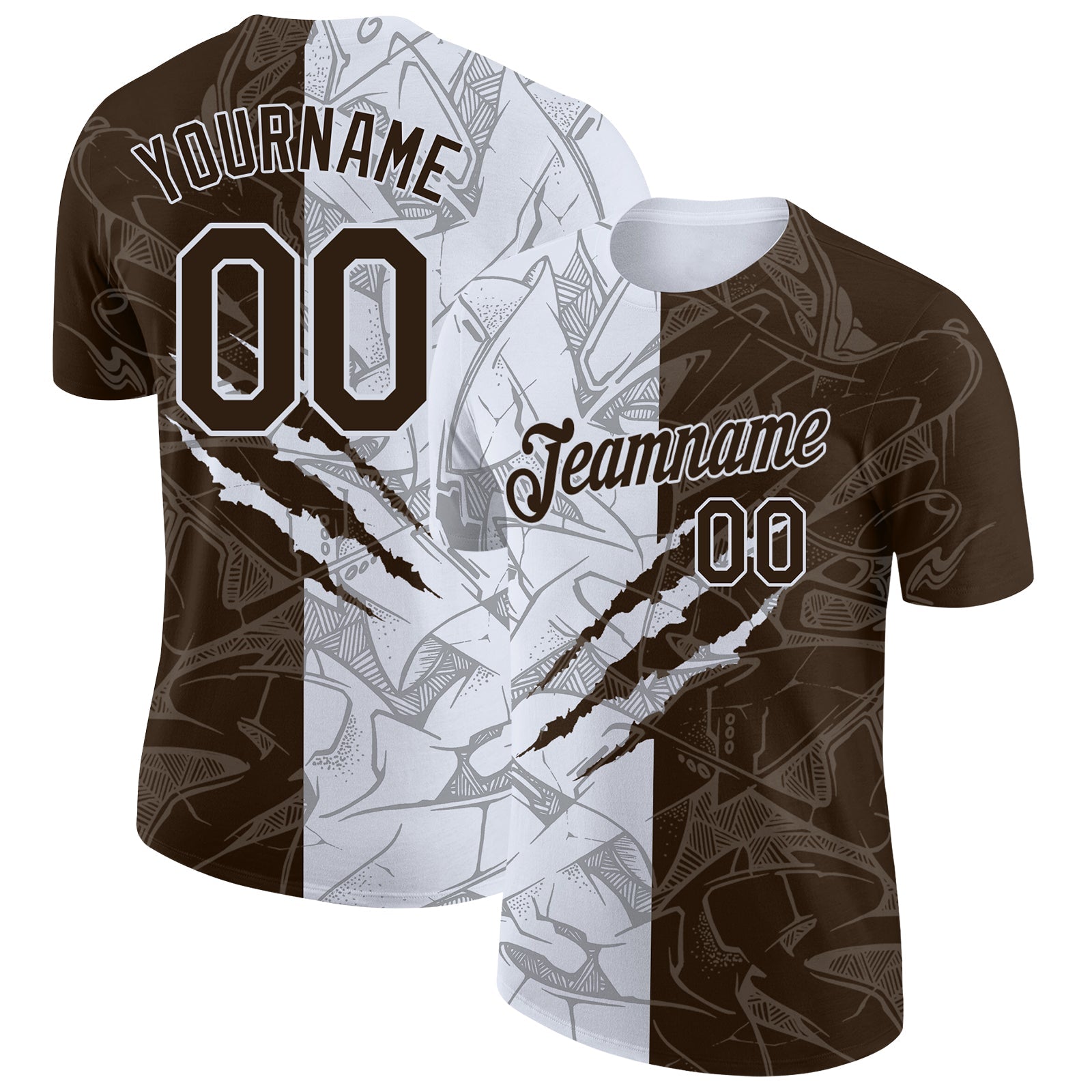 Custom Graffiti Pattern Brown-White Scratch 3D Performance T-Shirt - Main View
