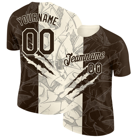 Custom Graffiti Pattern Brown-Cream Scratch 3D Performance T-Shirt - Main View