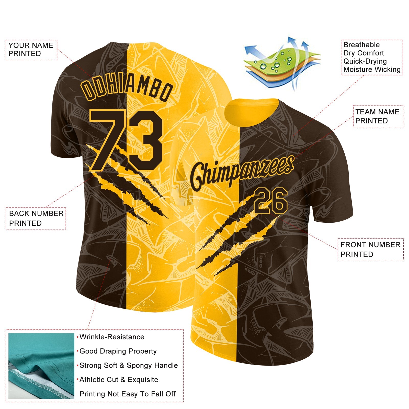 Custom Graffiti Pattern Brown-Gold Scratch 3D Performance T-Shirt view 2