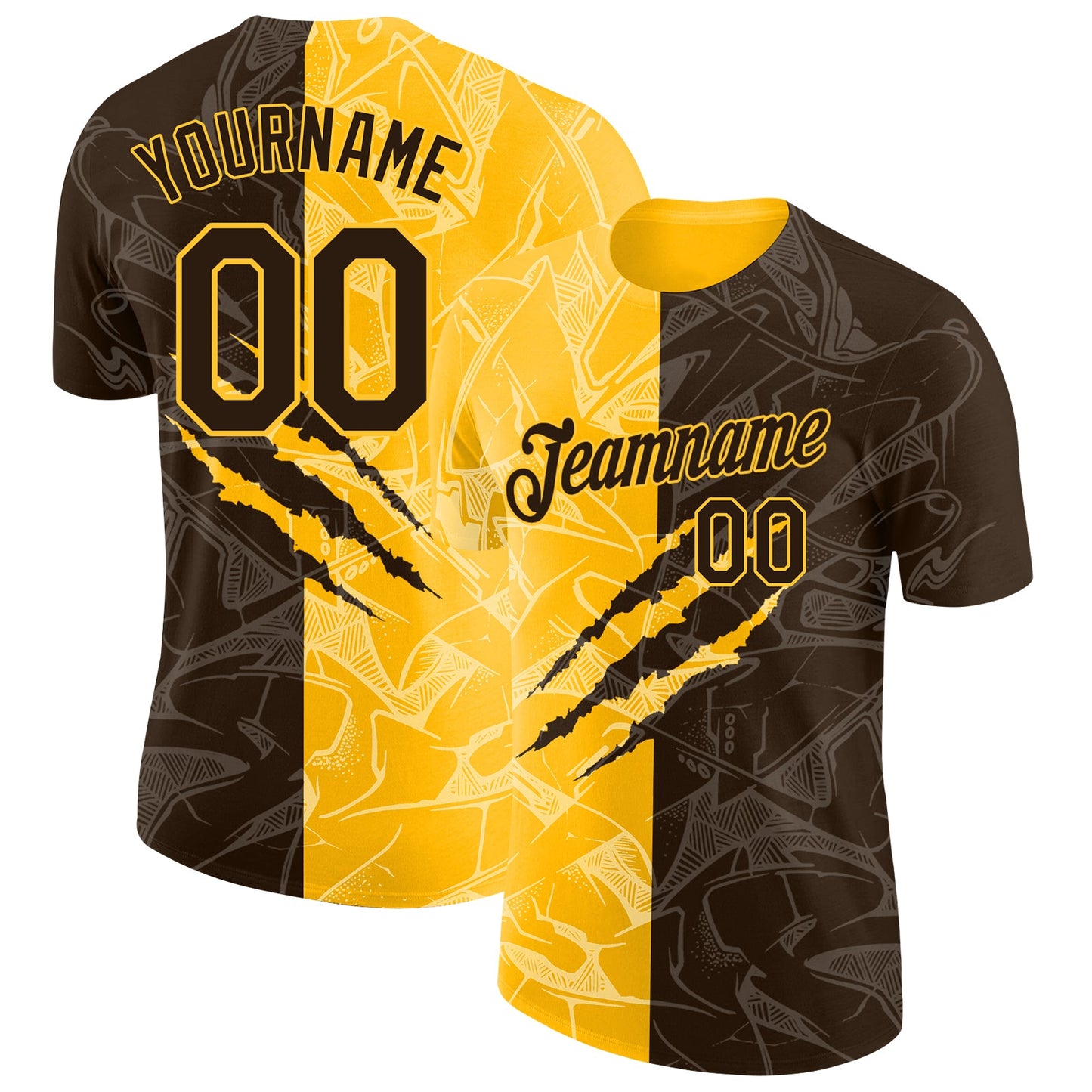 Custom Graffiti Pattern Brown-Gold Scratch 3D Performance T-Shirt - Main View