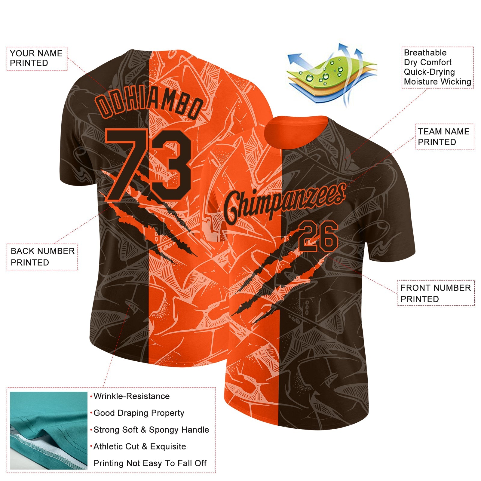 Custom Graffiti Pattern Brown-Orange Scratch 3D Performance T-Shirt view 2