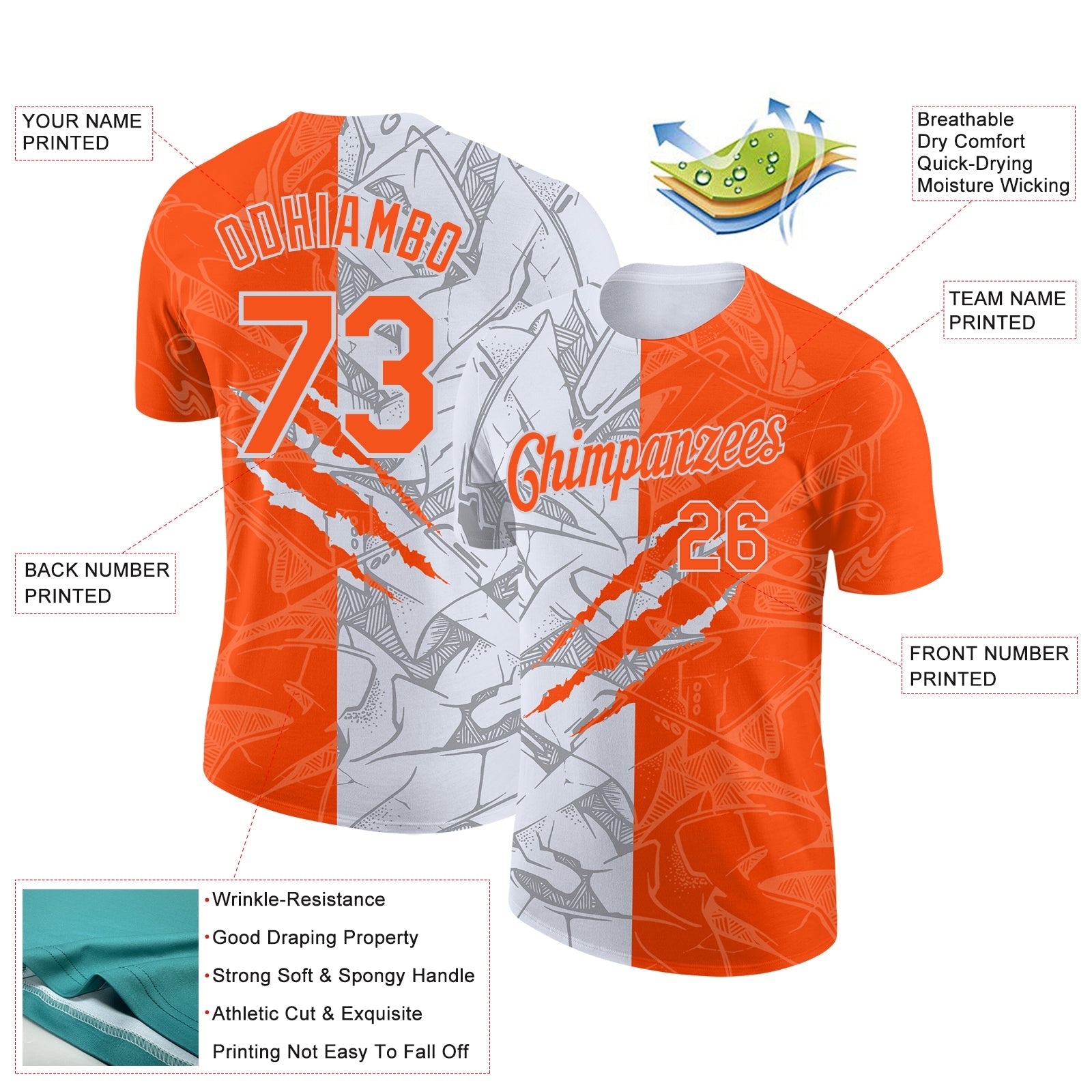 Custom Graffiti Pattern Orange-White Scratch 3D Performance T-Shirt view 2
