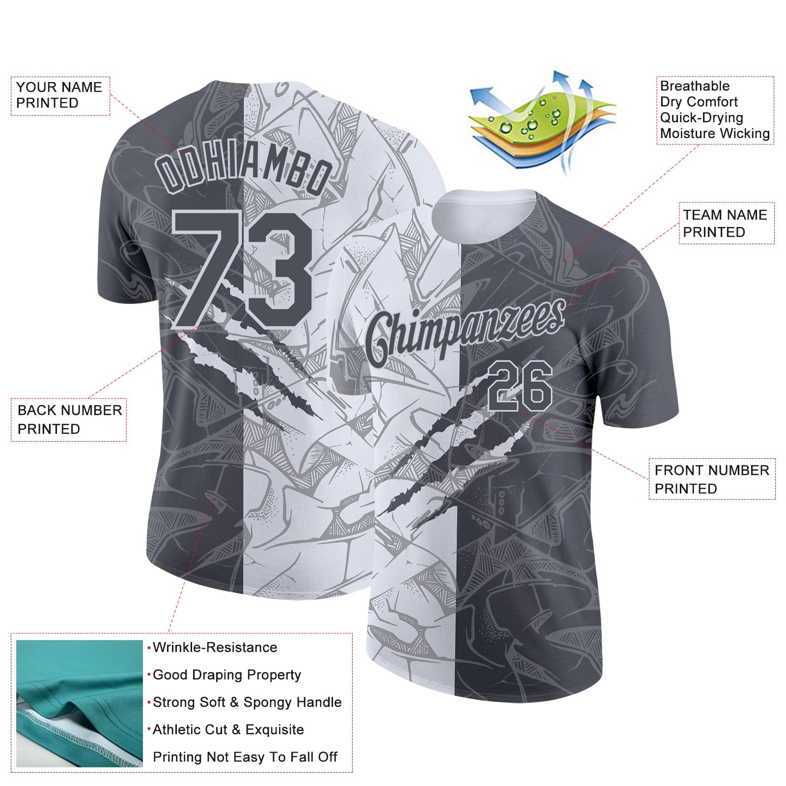 Custom Graffiti Pattern Steel Gray-White Scratch 3D Performance T-Shirt view 2