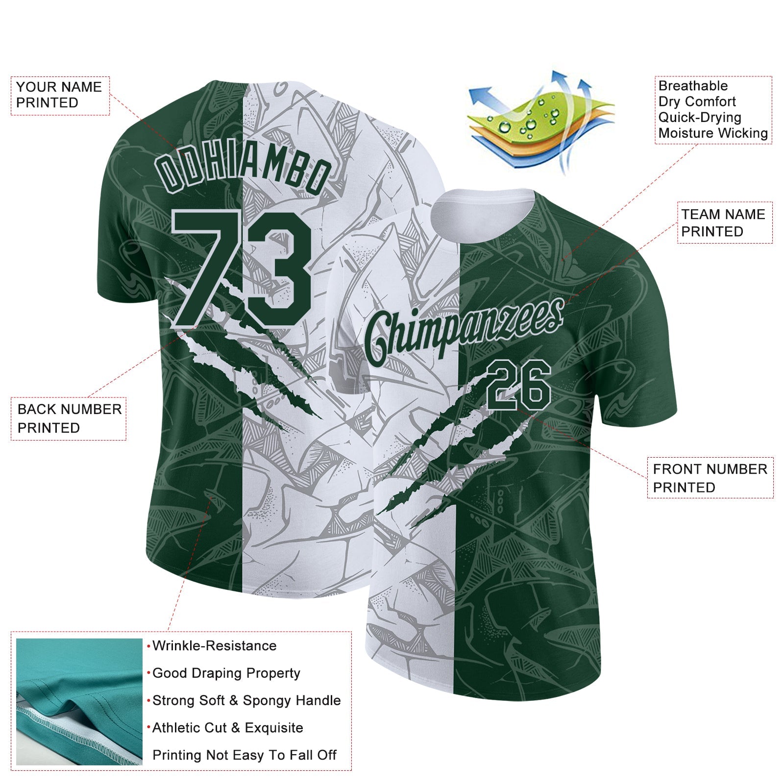 Custom Graffiti Pattern Green-White Scratch 3D Performance T-Shirt view 2