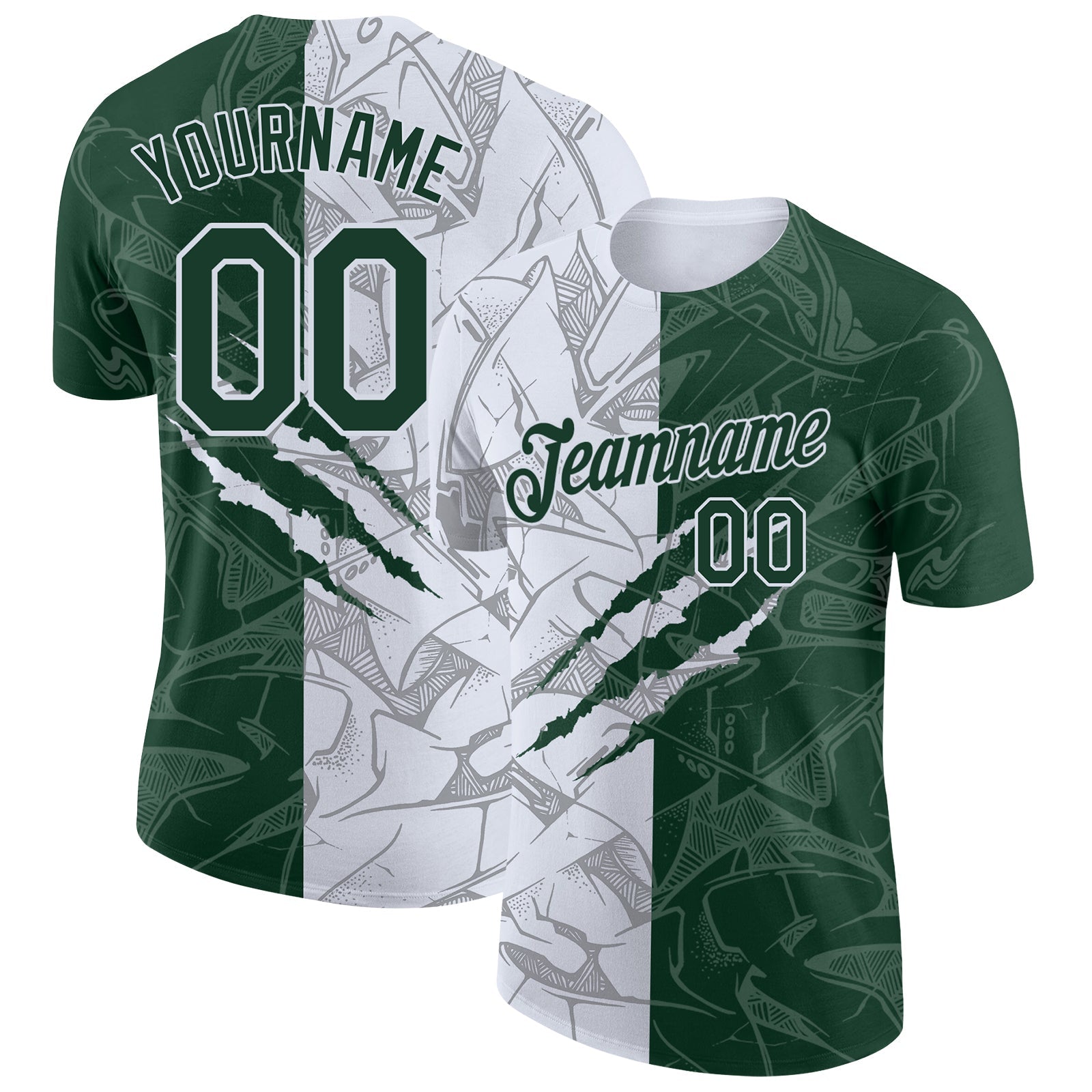 Custom Graffiti Pattern Green-White Scratch 3D Performance T-Shirt - Main View