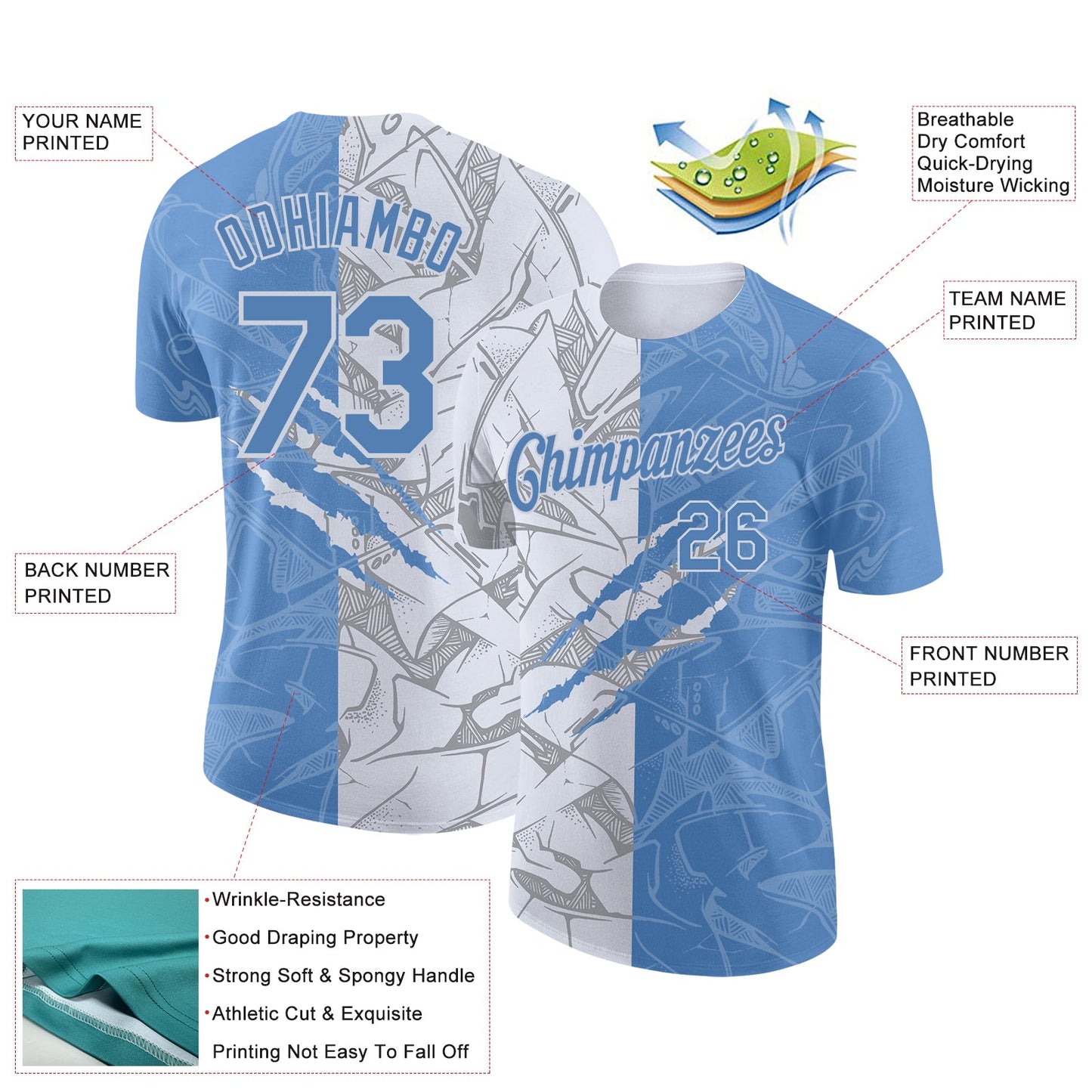 Custom Graffiti Pattern Light Blue-White Scratch 3D Performance T-Shirt view 2