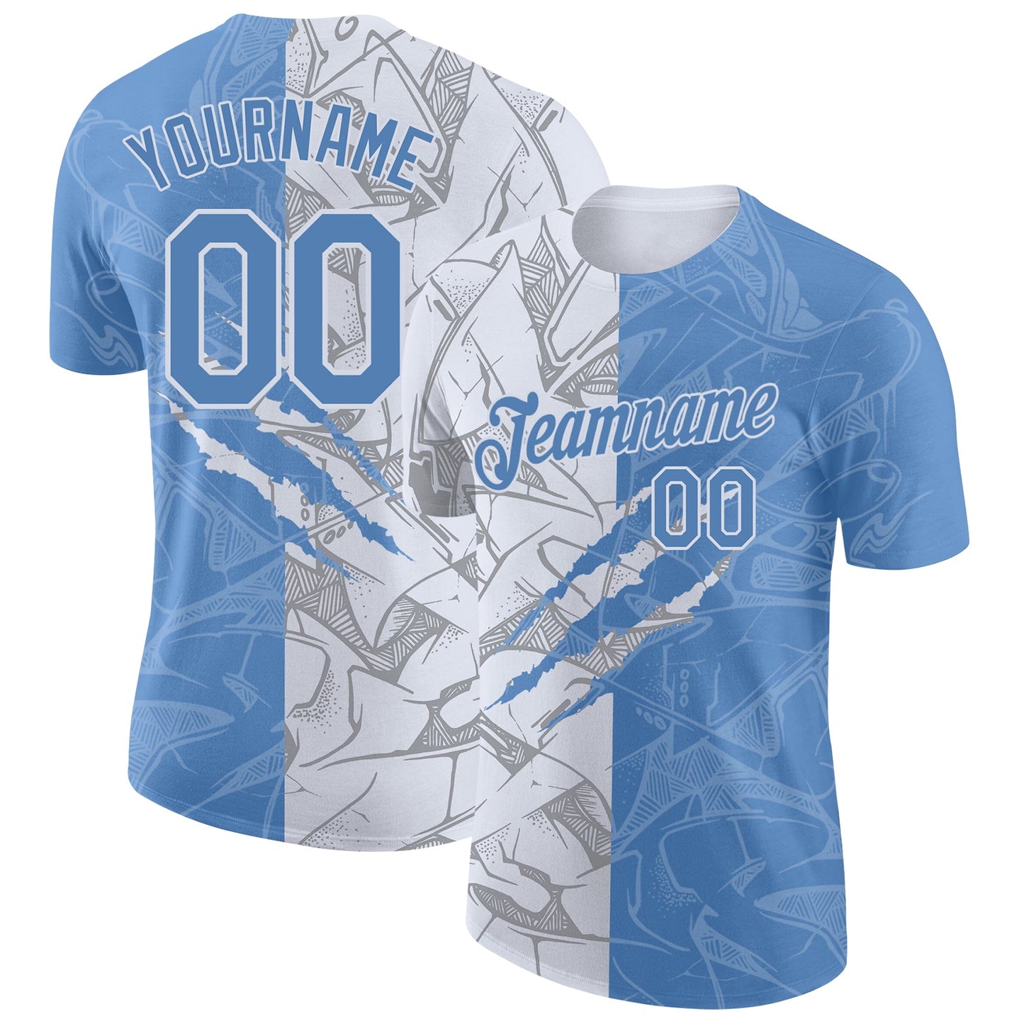 Custom Graffiti Pattern Light Blue-White Scratch 3D Performance T-Shirt - Main View