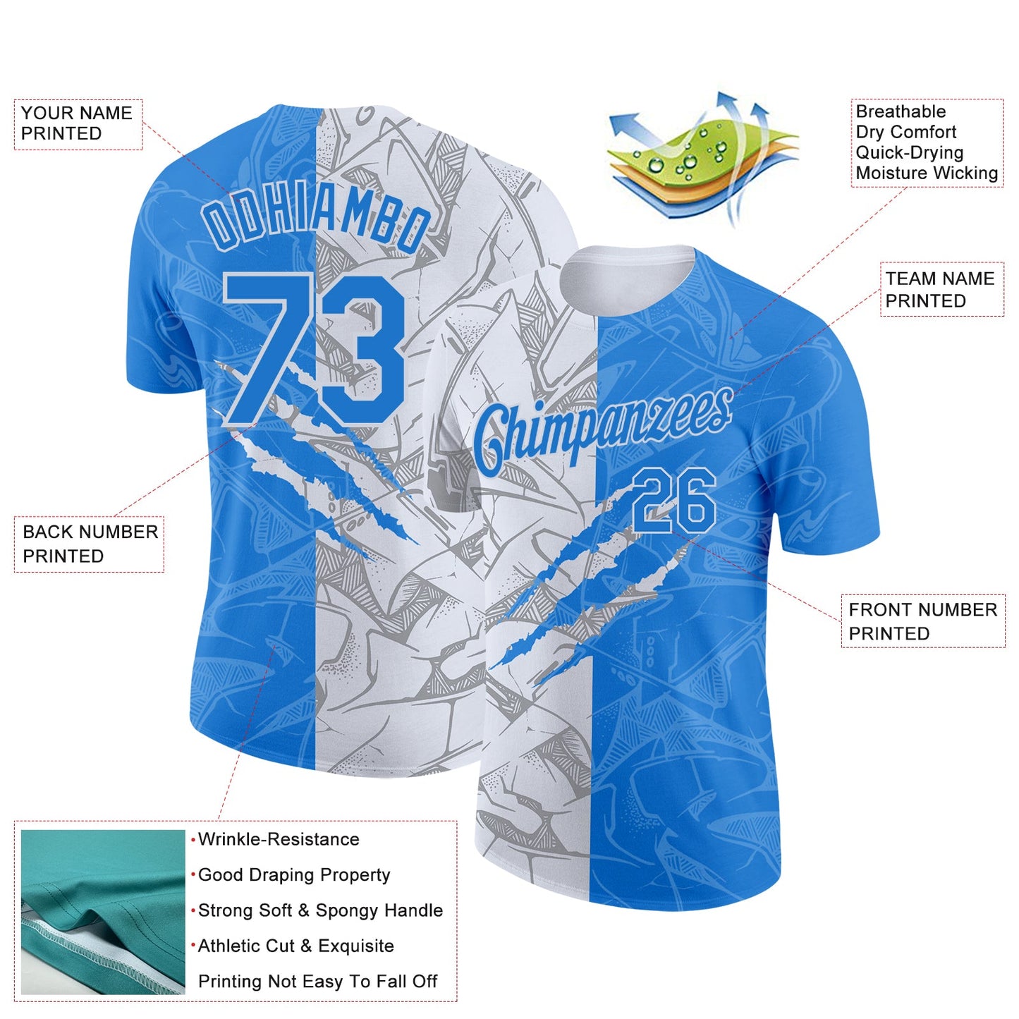 Custom Graffiti Pattern Powder Blue-White Scratch 3D Performance T-Shirt view 2