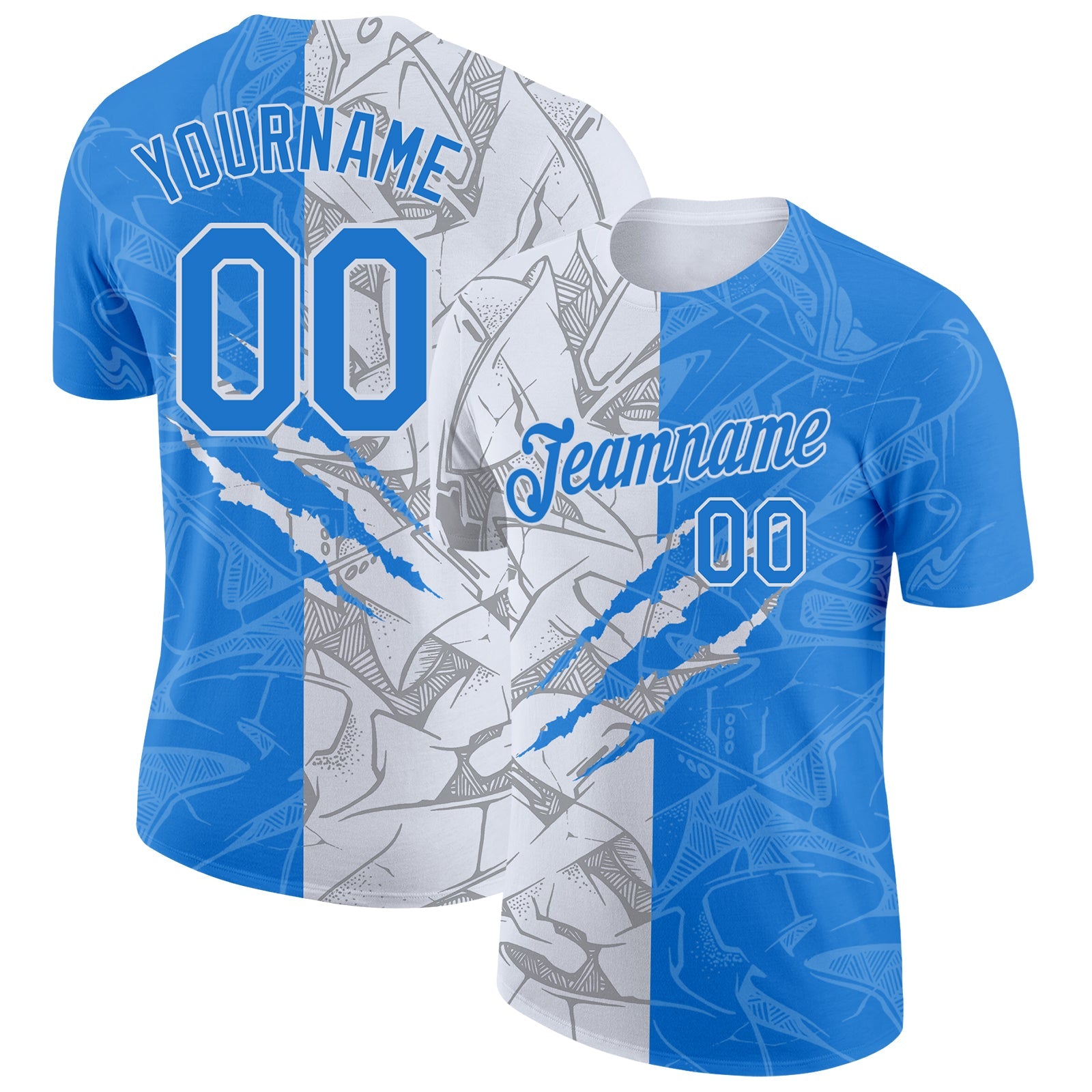 Custom Graffiti Pattern Powder Blue-White Scratch 3D Performance T-Shirt - Main View