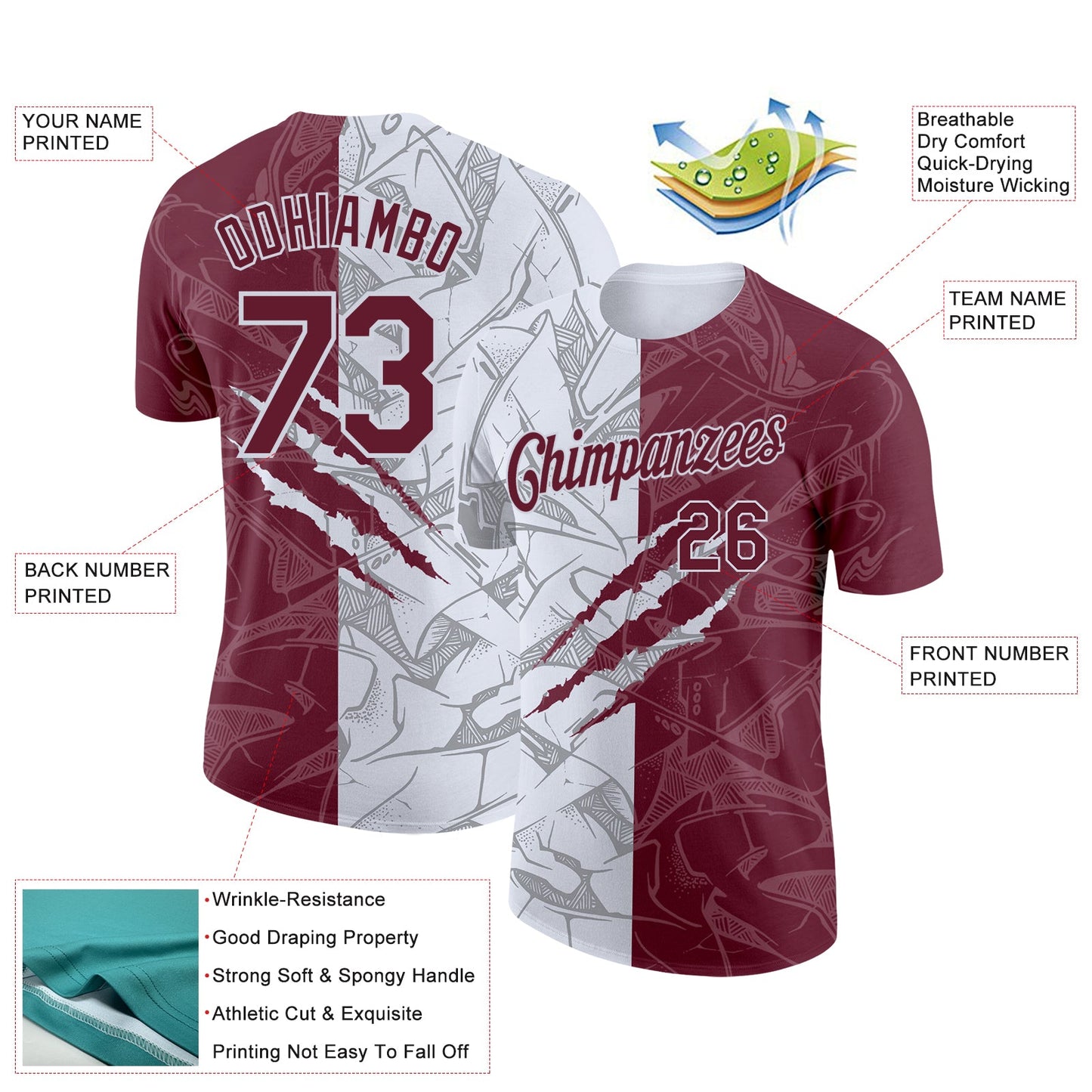 Custom Graffiti Pattern Burgundy-White Scratch 3D Performance T-Shirt view 2