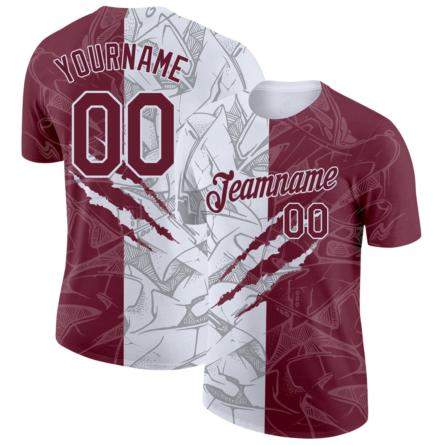 Custom Graffiti Pattern Burgundy-White Scratch 3D Performance T-Shirt - Main View