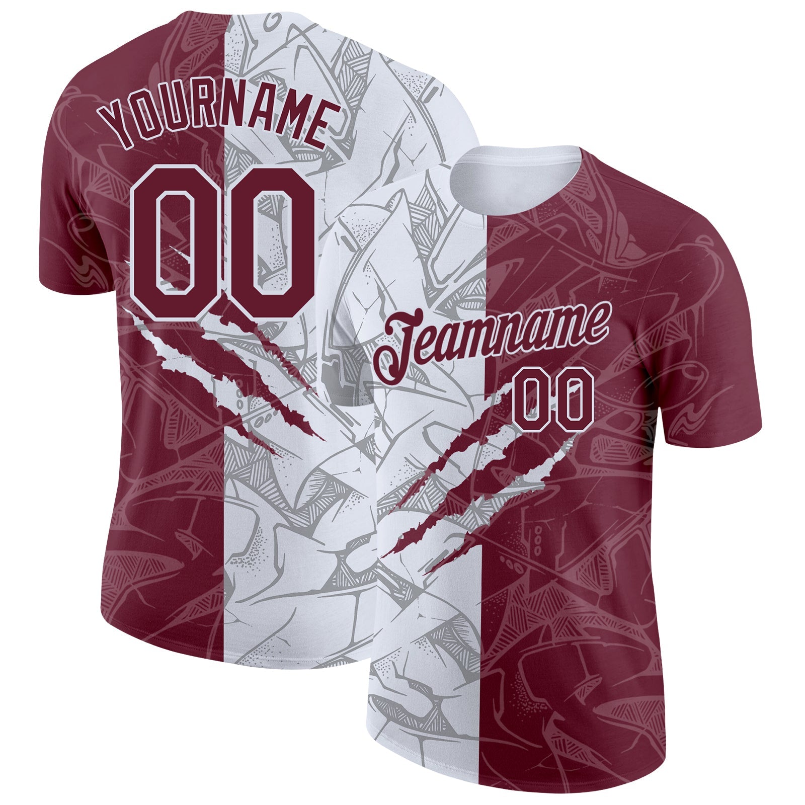 Custom Graffiti Pattern Burgundy-White Scratch 3D Performance T-Shirt - Main View