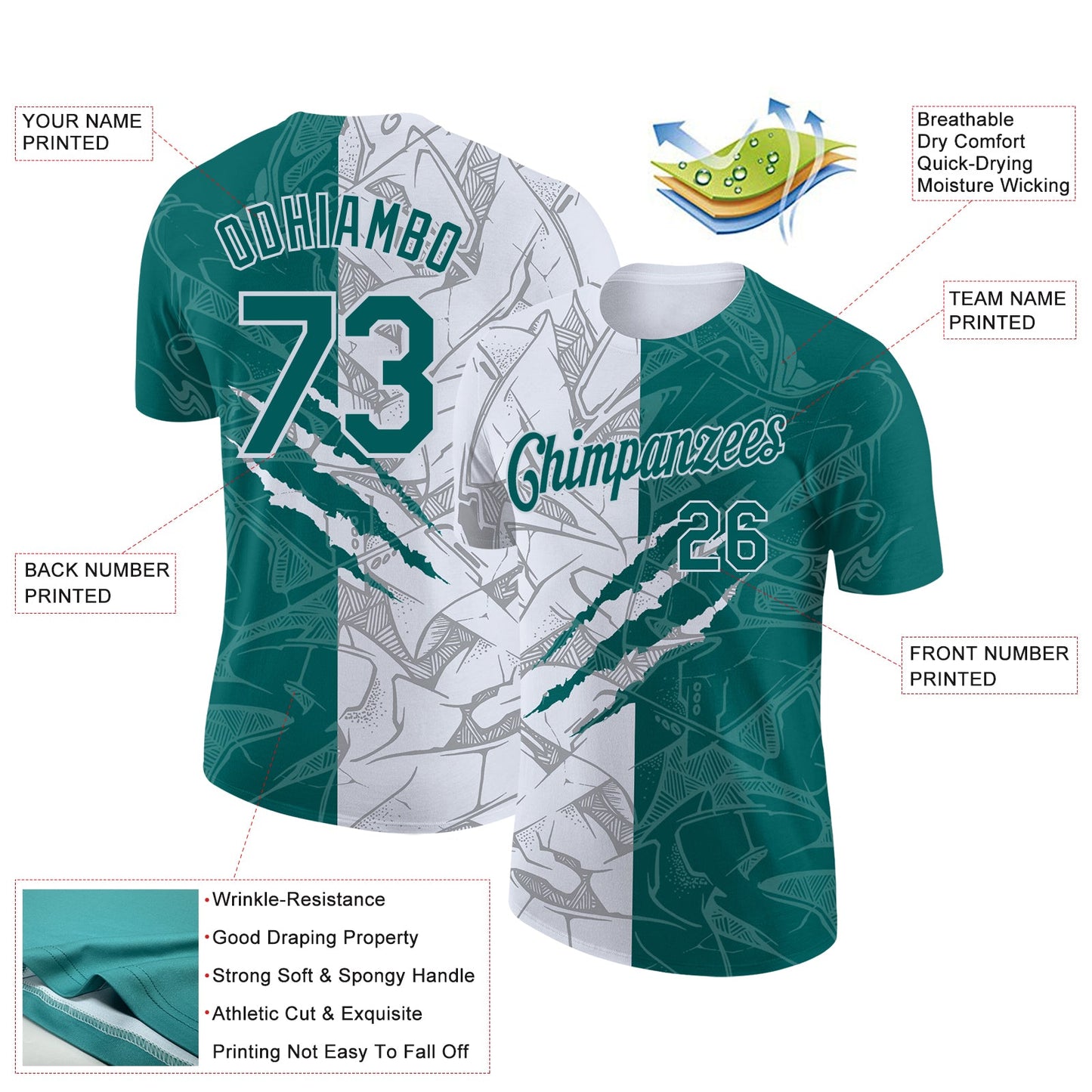 Custom Graffiti Pattern Teal-White Scratch 3D Performance T-Shirt view 2