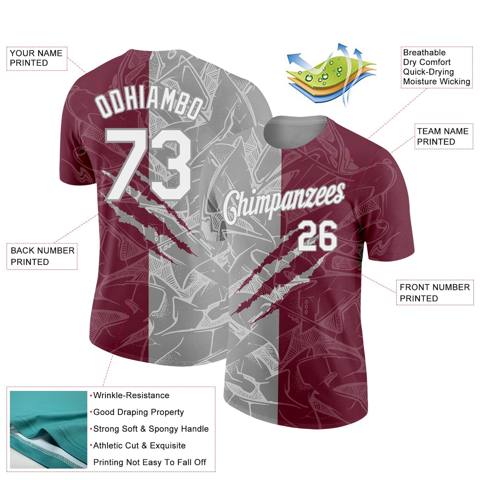 Custom Graffiti Pattern White Burgundy-Gray Scratch 3D Performance T-Shirt view 2