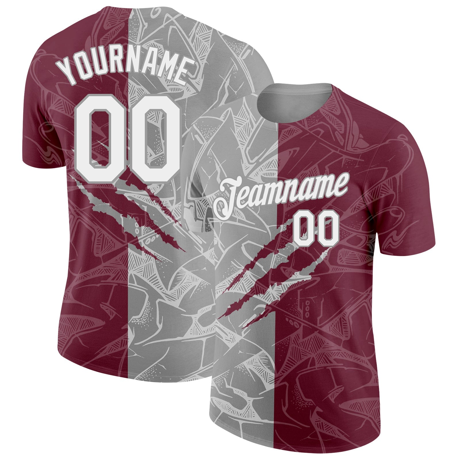 Custom Graffiti Pattern White Burgundy-Gray Scratch 3D Performance T-Shirt - Main View