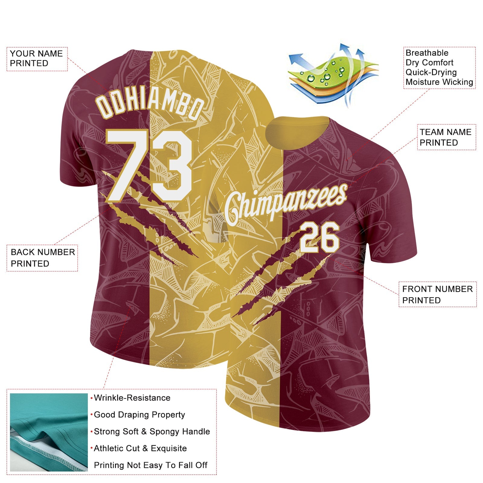 Custom Graffiti Pattern White Burgundy-Old Gold Scratch 3D Performance T-Shirt view 2