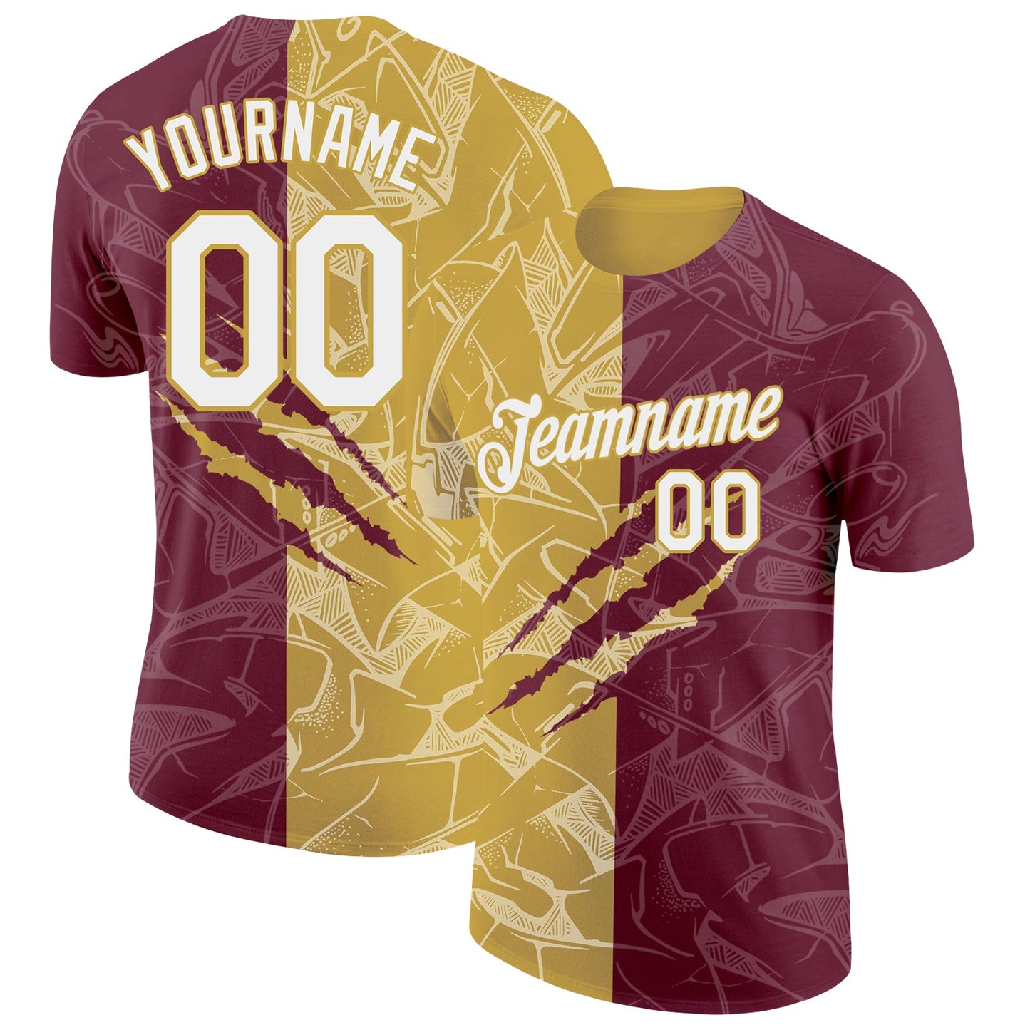 Custom Graffiti Pattern White Burgundy-Old Gold Scratch 3D Performance T-Shirt - Main View