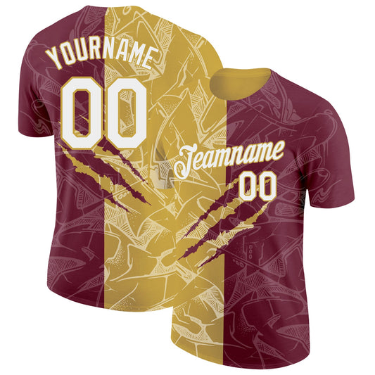 Custom Graffiti Pattern White Burgundy-Old Gold Scratch 3D Performance T-Shirt - Main View