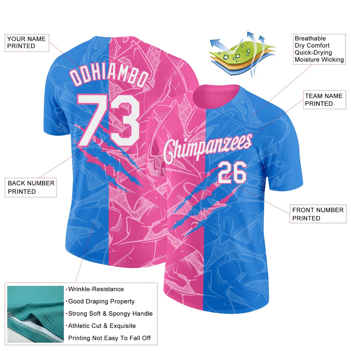 Custom Graffiti Pattern White Powder Blue-Pink Scratch 3D Performance T-Shirt view 2