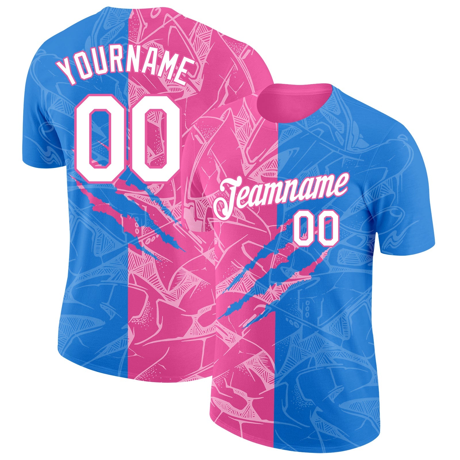 Custom Graffiti Pattern White Powder Blue-Pink Scratch 3D Performance T-Shirt - Main View