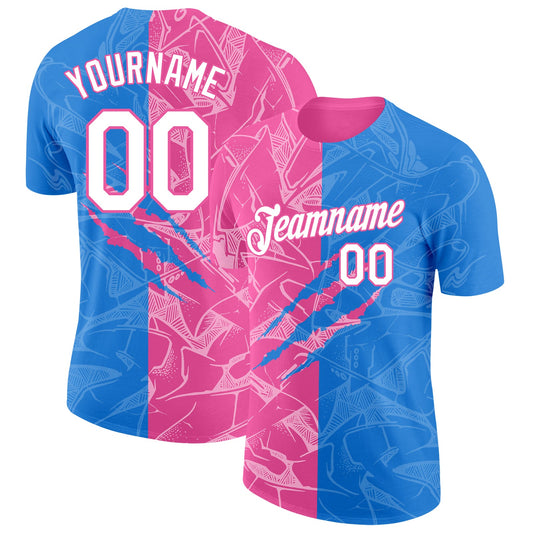 Custom Graffiti Pattern White Powder Blue-Pink Scratch 3D Performance T-Shirt - Main View